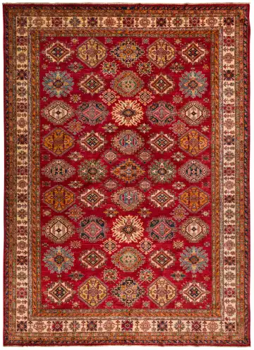 Ковёр Казах 10672 — красный и золотистый, геометрический рисунок