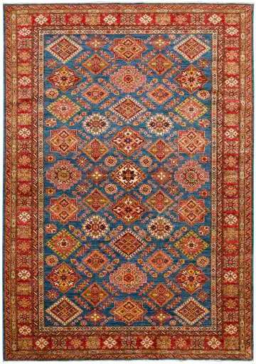 Ковёр Казах 11526 — голубой и оранжевый, геометрический рисунок