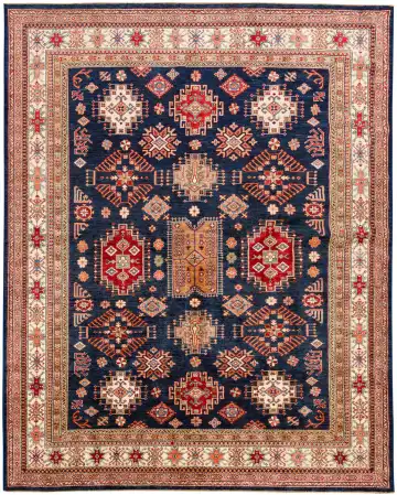 Ковёр Казах 11553 — синий и оранжевый, геометрический рисунок