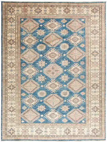 Ковёр Казах 11950 — голубой и кремовый, геометрический рисунок