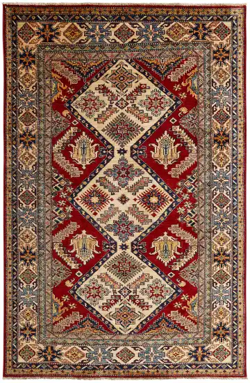 Ковёр Казах 12293 — красный и кремовый, геометрический рисунок