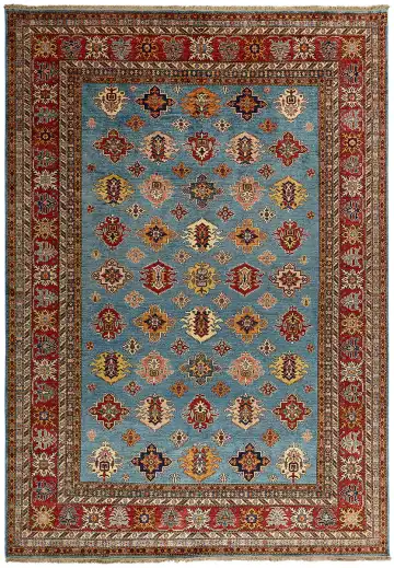 Ковёр Казах 13244 — голубой и красный, с медальоном