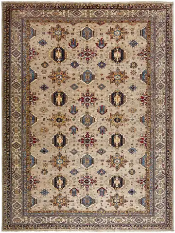 Ковёр Казах 13247 — кремовый и чёрный, сюжетный рисунок