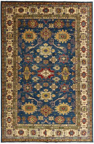 Ковёр Казах 13255 — голубой и кремовый, геометрический рисунок