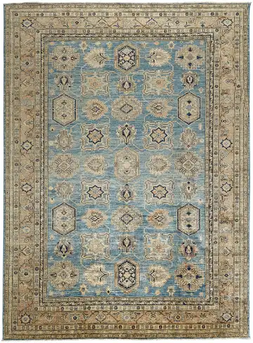 Ковёр Казах 13256 — голубой и золотистый, растительный рисунок