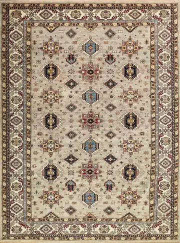 Ковёр Казах 13978 — кремовый и чёрный, сюжетный рисунок