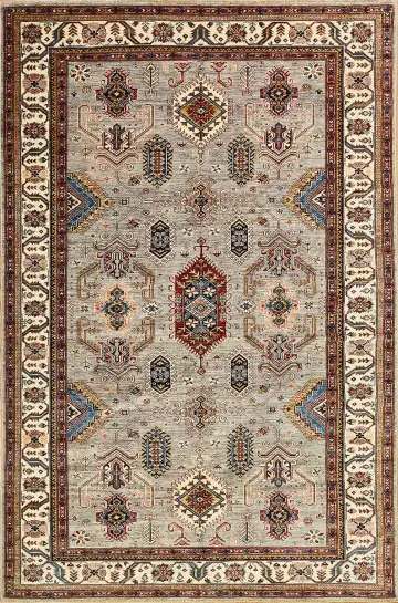 Ковёр Казах 13979 — кремовый и красный, геометрический рисунок