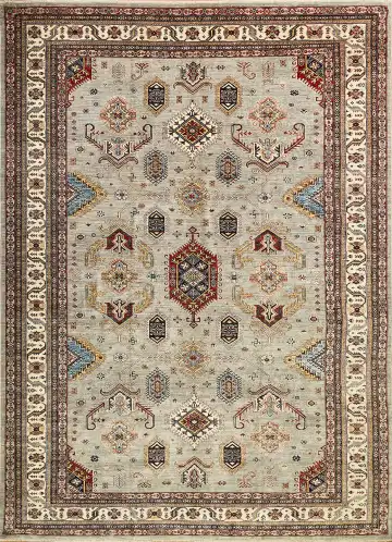 Ковёр Казах 13983 — кремовый и голубой, сюжетный рисунок