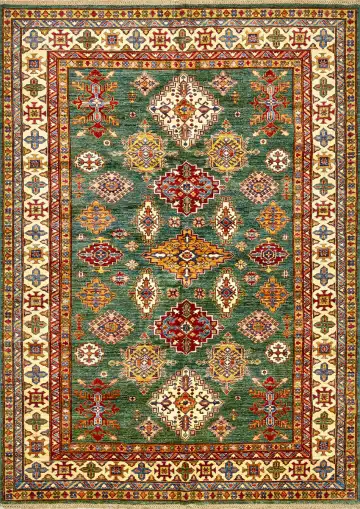 Ковёр Казах 14678 — зелёный и красный, геометрический рисунок