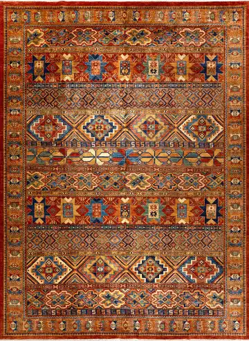 Ковёр Казах 14683 — голубой и красный, геометрический рисунок