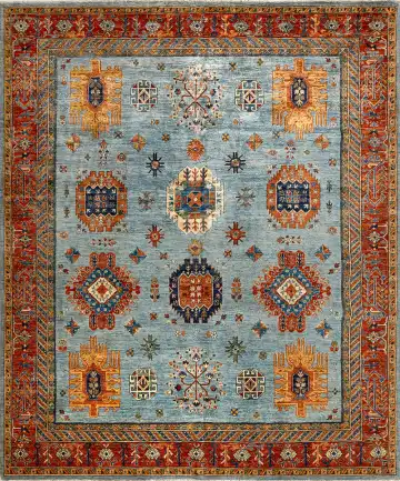Ковёр Казах 14685 — голубой и золотистый, геометрический рисунок
