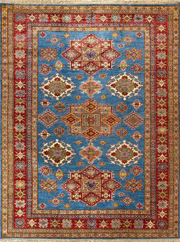Ковёр Казах 14686 — голубой и оранжевый, геометрический рисунок