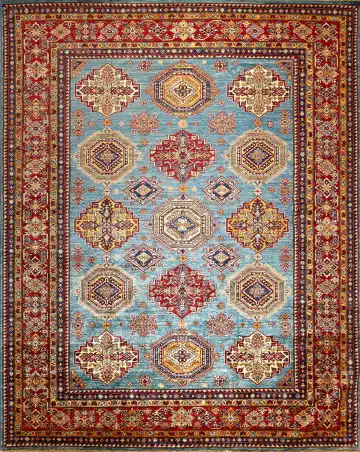 Ковёр Казах 14687 — голубой и красный, с медальоном