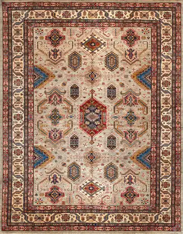Ковёр Казах 14740 — кремовый и красный, геометрический рисунок