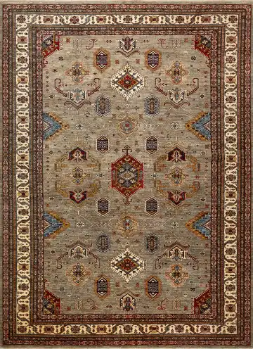 Ковёр Казах 15504 — бежевый и красный, геометрический рисунок