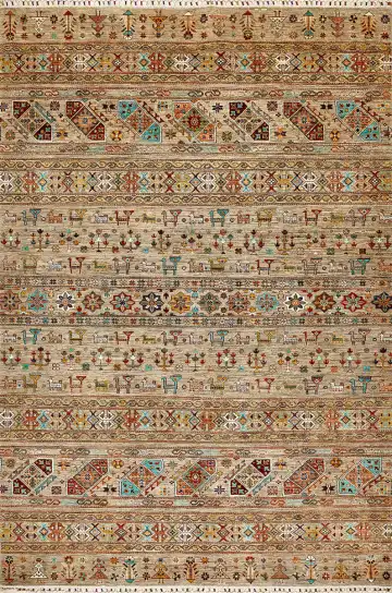 Ковёр Казах 15515 — бежевый и коричневый, в полоску
