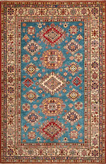 Ковёр Казах 16226 — голубой и красный, с медальоном