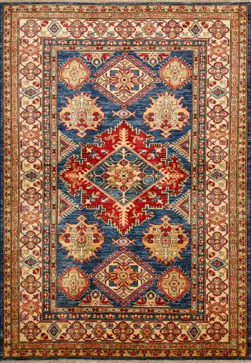 Ковёр Казах 16230 — синий и кремовый, геометрический рисунок