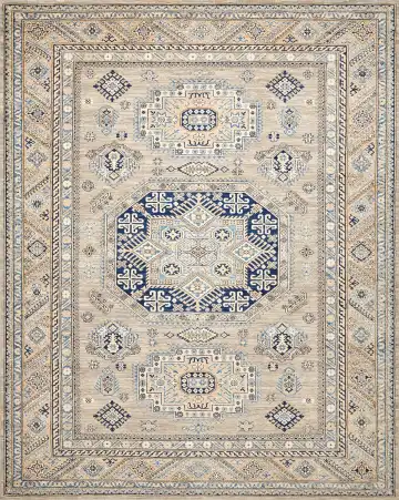Ковёр Казах 16263 — кремовый и синий, геометрический рисунок