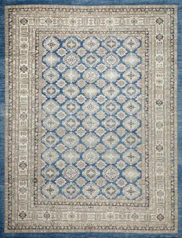 Ковёр Казах 16267 — синий и кремовый, геометрический рисунок