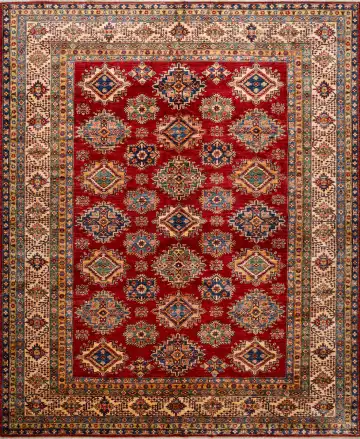 Ковёр Казах 16273 — красный и серый, геометрический рисунок