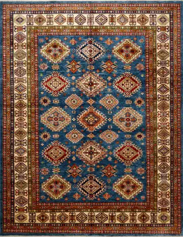 Ковёр Казах 16274 — синий и бежевый, с медальоном
