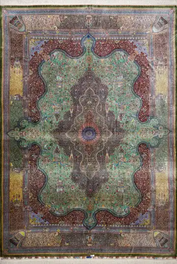 Ковёр Кум 16304 — зелёный и бордовый, с медальоном