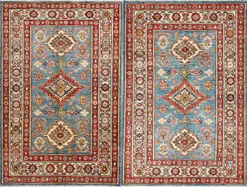 Ковёр Казах 16667 — голубой и красный, с медальоном