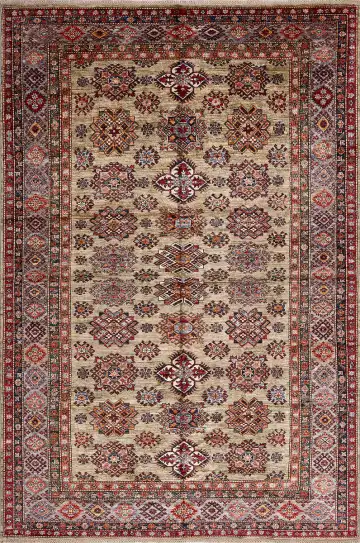 Ковёр Казах 17421 — бежевый и красный, с медальоном