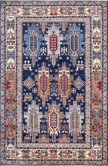 Ковёр Казах 17443 — синий и кремовый, сюжетный рисунок