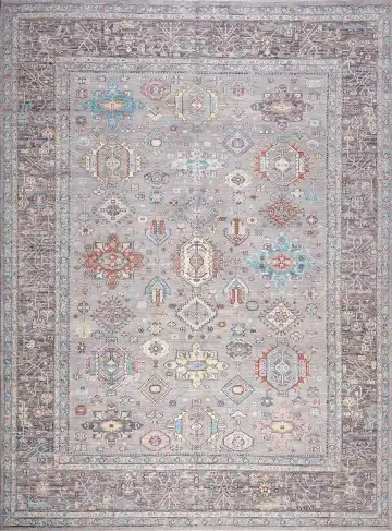 Ковёр Казах 17525 — серый и белый, с медальоном