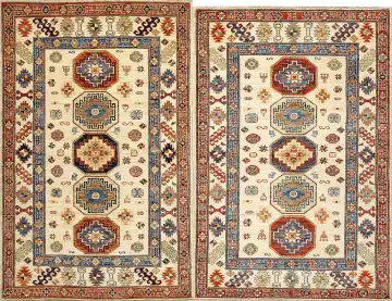 Ковёр Казах 18151 — кремовый и красный, геометрический рисунок