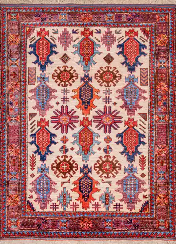 Ковёр Казах 18567 — кремовый и красный, геометрический рисунок