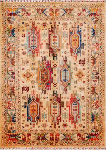 Ковёр Suzani 18595 — бежевый и красный, геометрический рисунок