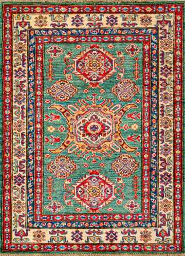 Ковёр Казах 20659 — бирюзовый и кремовый, растительный рисунок