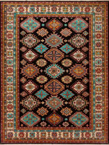 Ковёр Казах 21215 — чёрный и бирюзовый, геометрический рисунок