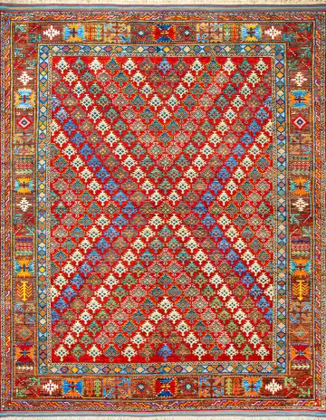 Ковёр Казах 23666 — красный и синий, геометрический рисунок