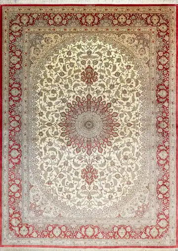 Ковёр Кум 2514 — кремовый и красный, с медальоном