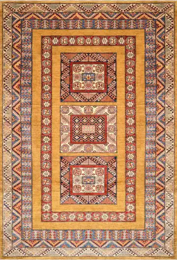 Ковёр Казах 1484 — жёлтый и красный, с медальоном