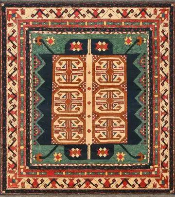 Ковёр Казах 1520 — зелёный и кремовый, геометрический рисунок