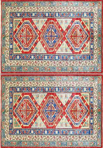 Ковёр Казах 1531 — кремовый и красный, геометрический рисунок