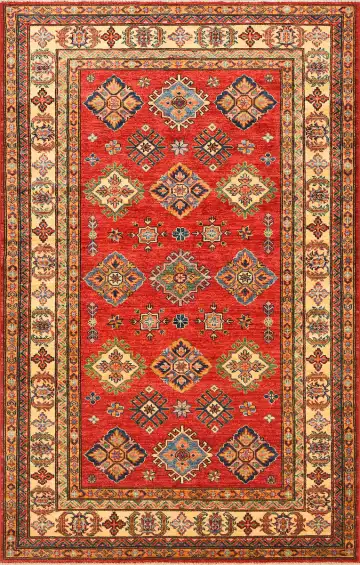 Ковёр Казах 1533 — красный и кремовый, геометрический рисунок