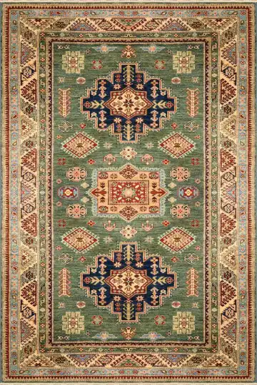 Ковёр Казах 1568 — зелёный и синий, с медальоном