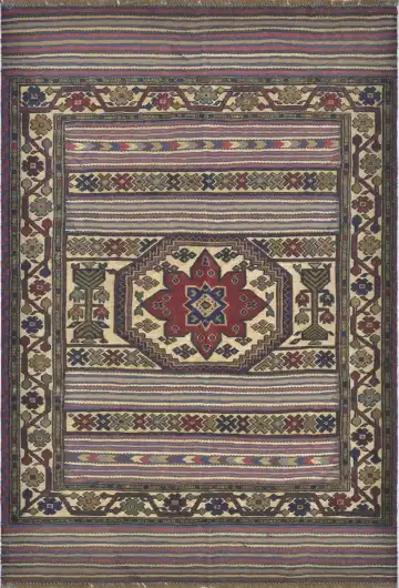 Пакистанский ковёр 2616 — зелёный и розовый, в полоску