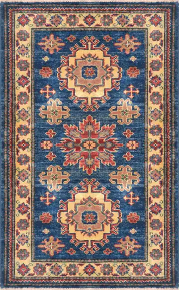 Ковёр Казах 3176 — голубой и жёлтый, с медальоном