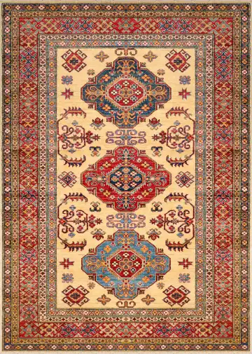 Ковёр Казах 3504 — бежевый и красный, с медальоном