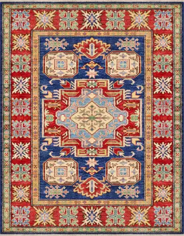 Ковёр Казах 3555 — голубой и красный, с медальоном