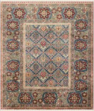 Ковёр Saltani 3886 — голубой и красный, геометрический рисунок