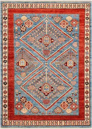 Ковёр Казах 3897 — голубой и оранжевый, геометрический рисунок