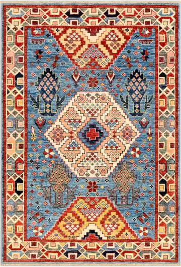Ковёр Казах 3920 — голубой и красный, геометрический рисунок
